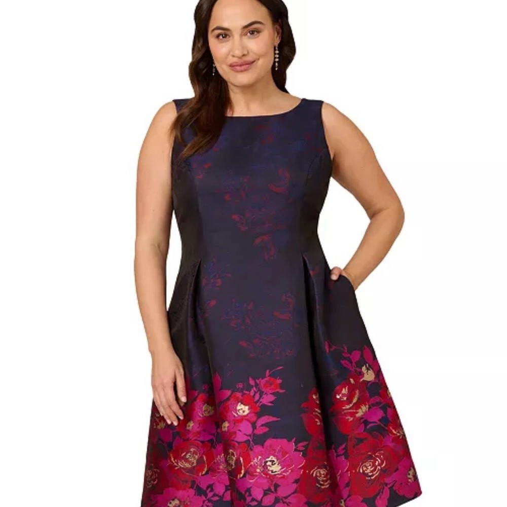 Adrianna Papell Black and Pink Floral Midi Dress